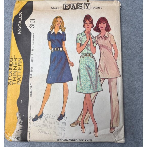 Vintage 1972 McCalls 3101 Misses Dress Tunic Pants Sewing Pattern Size 14 Uncut - Picture 1 of 5